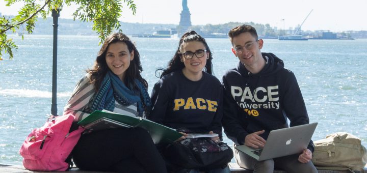 Three students studying with the Statue of Liberty New York City in the background
